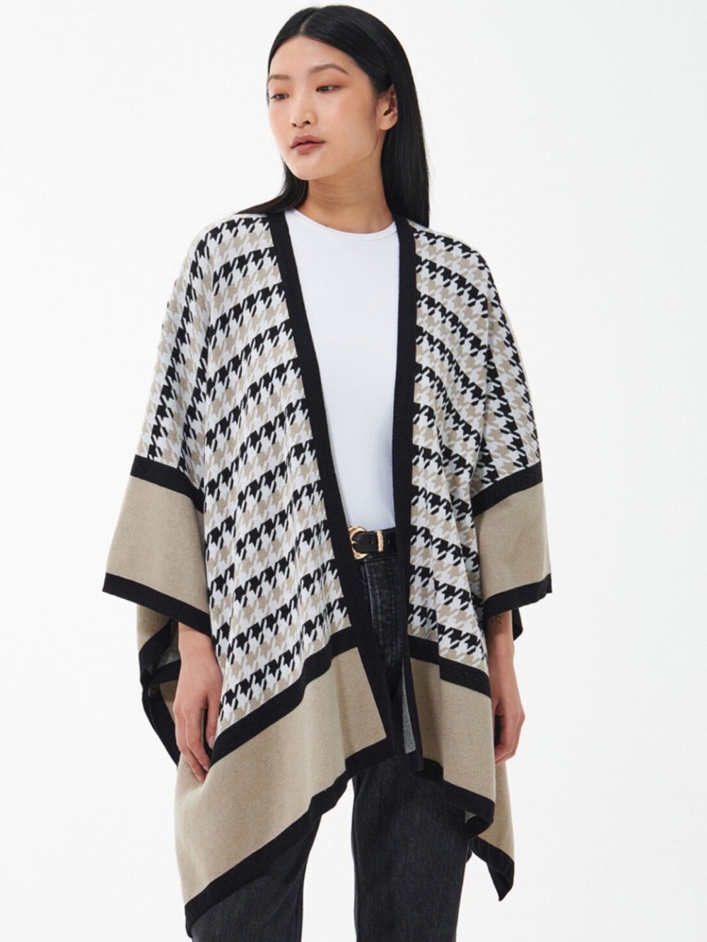 Barbour Beige and Black Houndstooth Open-Front Malala Cape